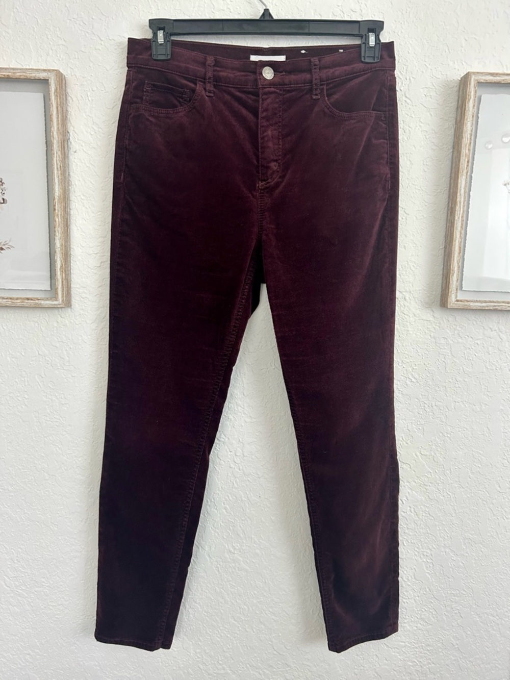 LOFT Burgundy Velvet Skinny Pants Size 10 High Rise Wine Color Soft Stretch